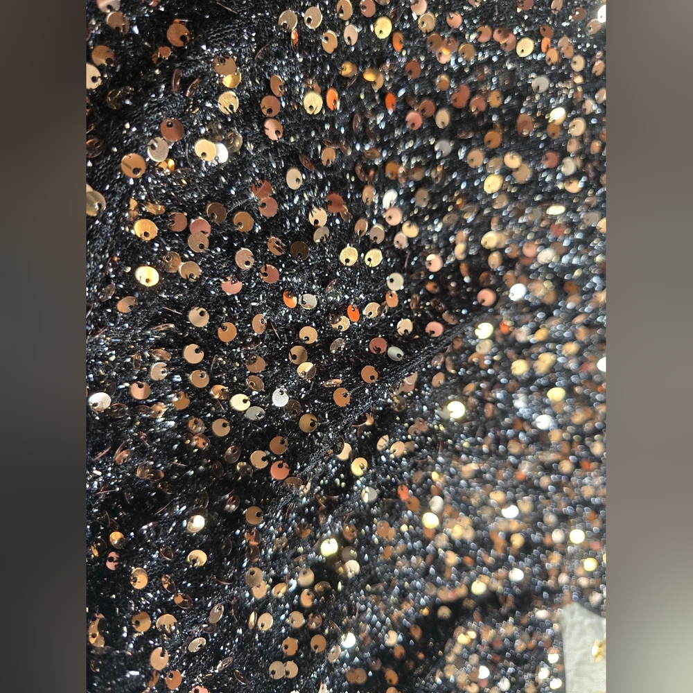 Double Crazy Black Sequin Mini Dress with Gold Straps Size Large - Picture 2 of 5